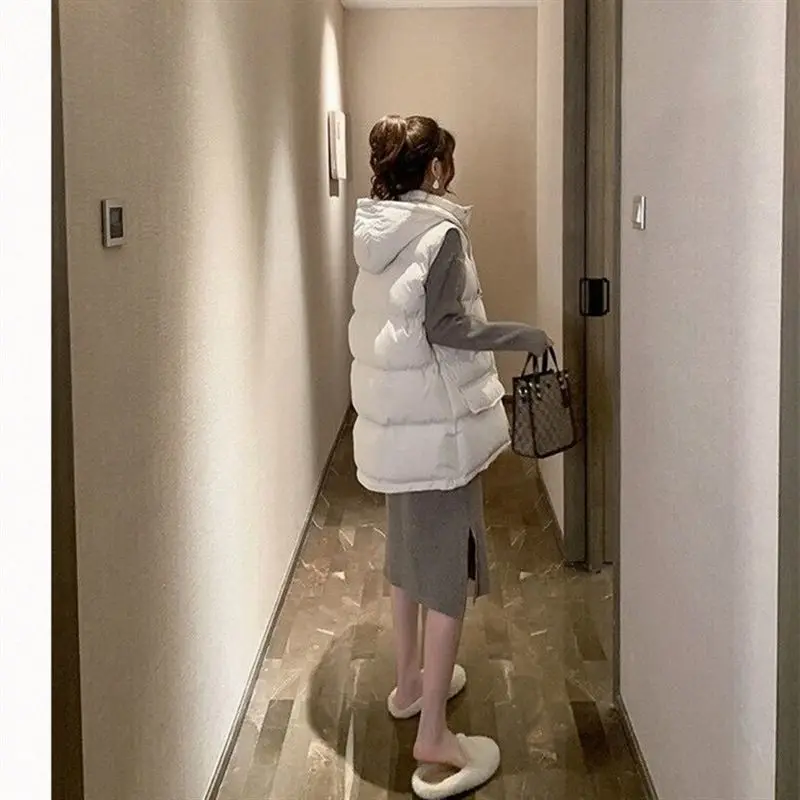 

Autumn Women Solid Loose Vest Female Stand Collar Long Vest Jackets Ladies Cotton Padded Windproof Warm Waistcoat Hooded G50