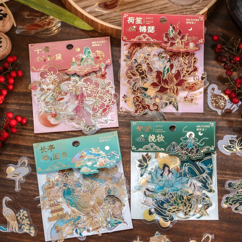 

30Packs Wholesale Stickers Bronzing Traditional pattern auspicious clouds Paper Material pavilion old Scrapbooking free shipping