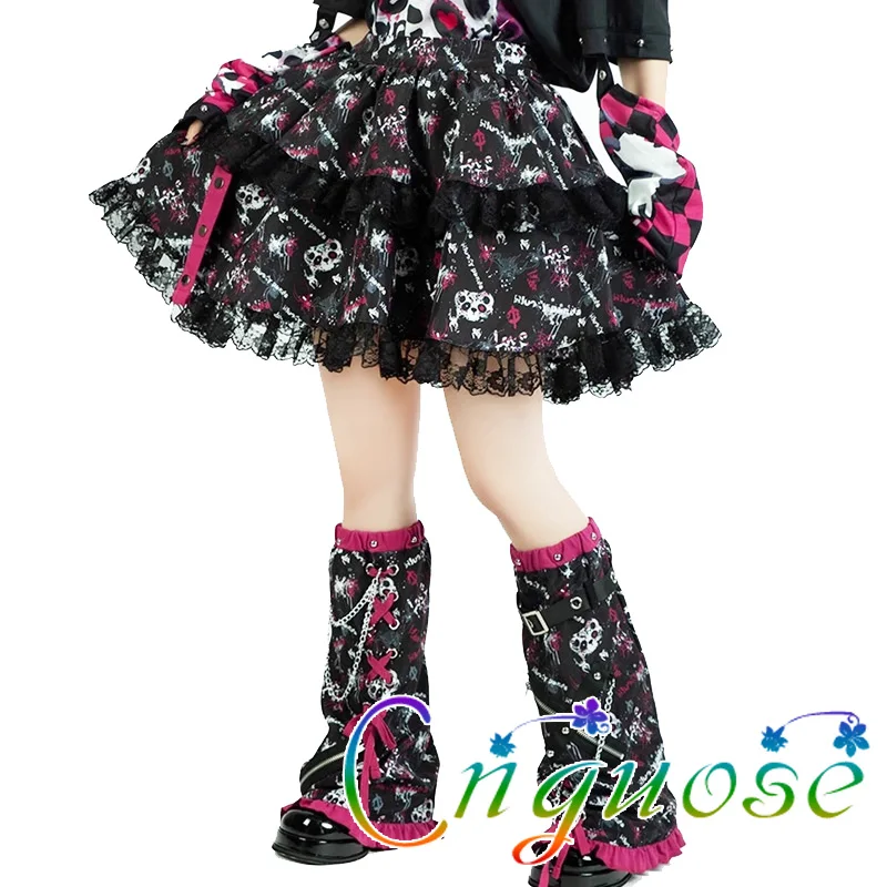 

2024 Summer Girl Lolita Original Y2k Japanese Kawaii Cute Skull Lace Leg Ring Sock Set Cake Skirt leg warmer