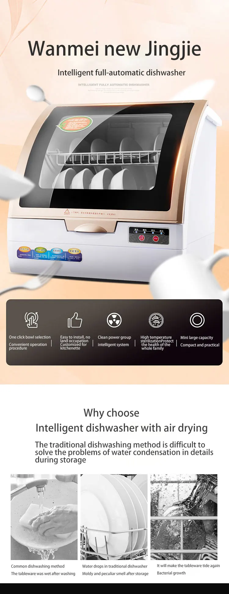 Household Automatic Desktop 6 Sets of Dishwashers, Double Drying, Small Dish Washer Home 5L 5