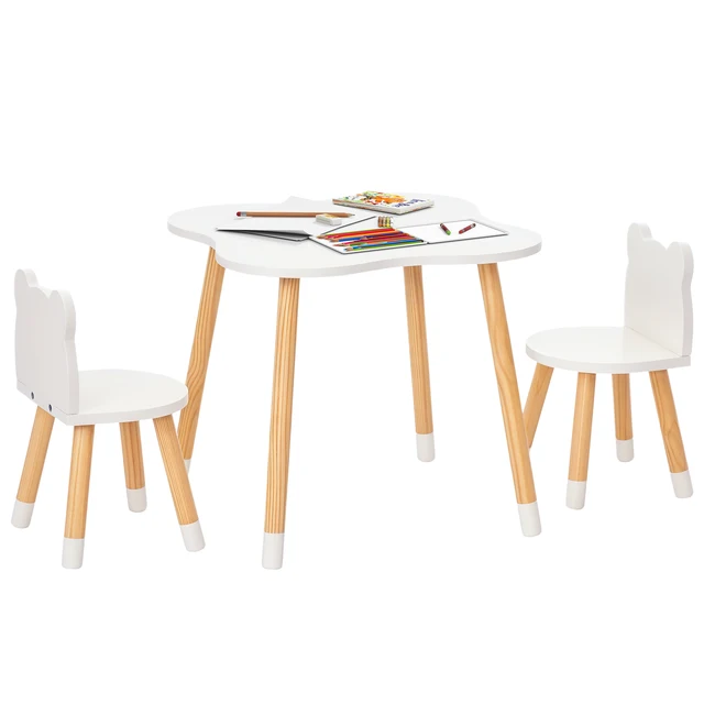 Homcom Table et chaises pour enfants en bois, meubles pour salle de jeux et chambre d'enfant, naturel et blanc 1
