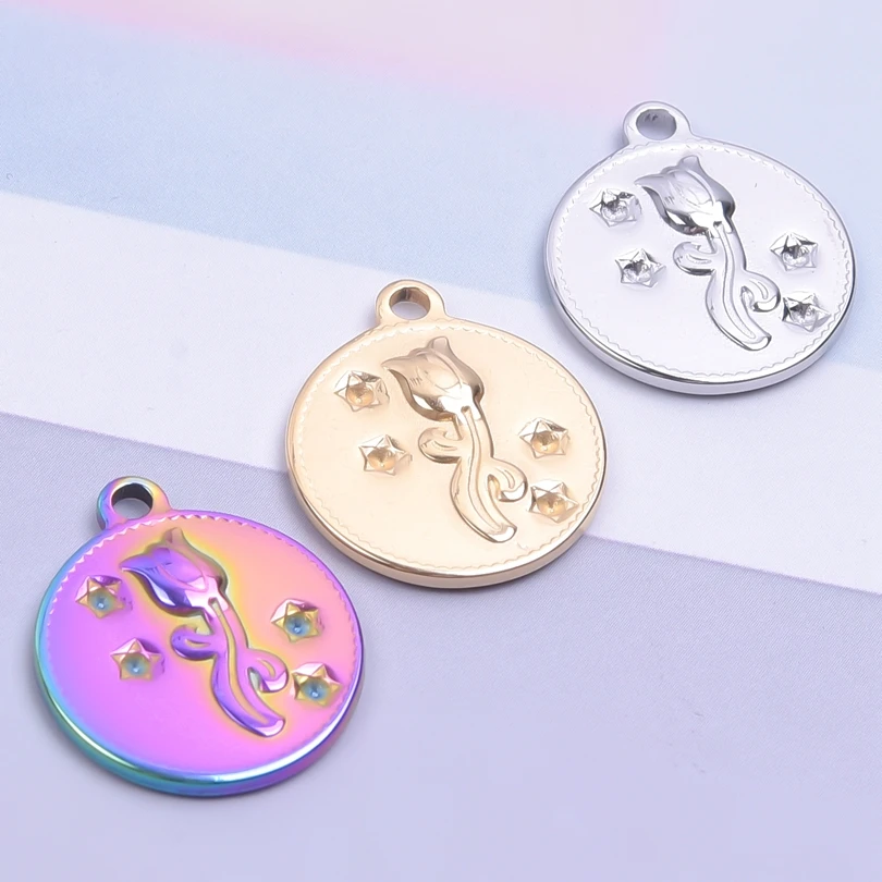 

6pcs/lot Round Rose Flowers Charms Colorfast Titanium steel Pendants diy Making Vintage Necklace Jewelry Material Bulk colgantes