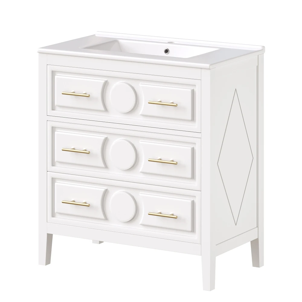 Freistehender weißer Badezimmerschrank mit Keramikwaschbecken & Metallgriffen, 3 Schubladen Retro-Waschtischunterschrank mit Soft-Close-Funktion – Detail 13