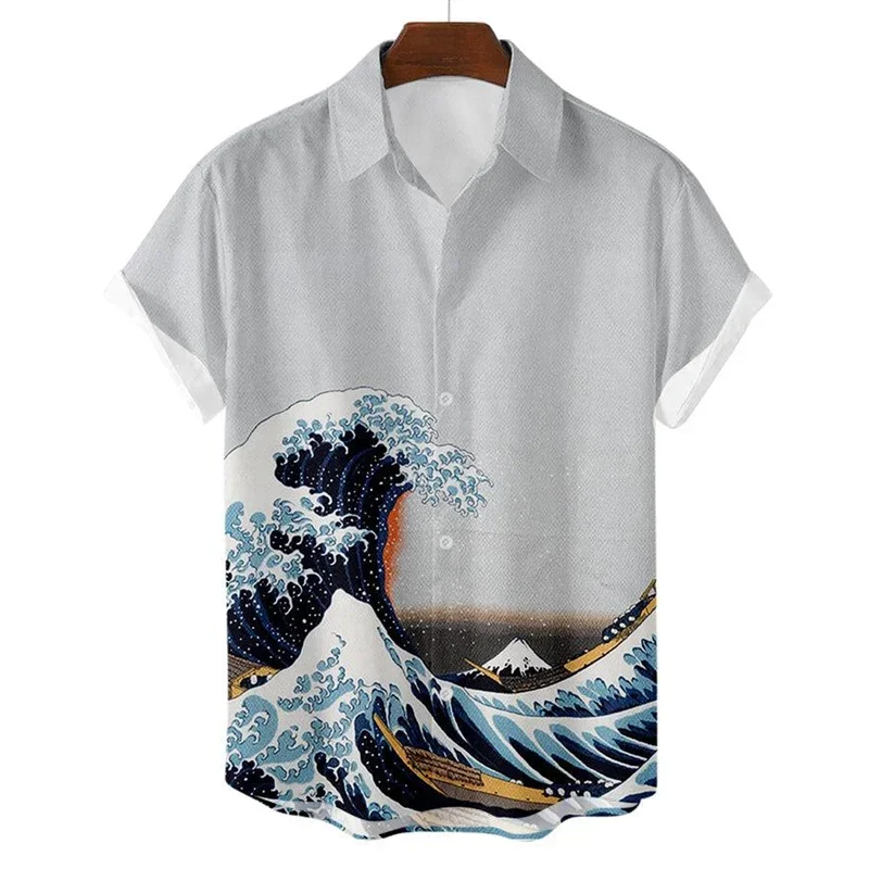 Camisa hawaiana de manga corta con estampado 3D de olas para hombre, informal, versátil, retro, minimalista, con solapa y botones para vacaciones en la playa