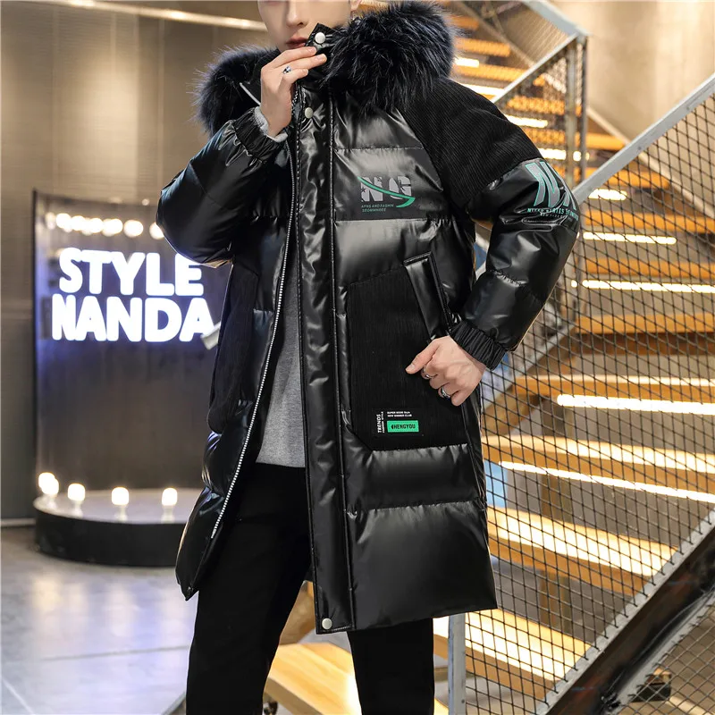 Casual Winter Men's Mid-Length Hooded Cotton-Padded Jackets Outwear Warm Windbreaker Removable Fur Collar Long Down Coats Parkas