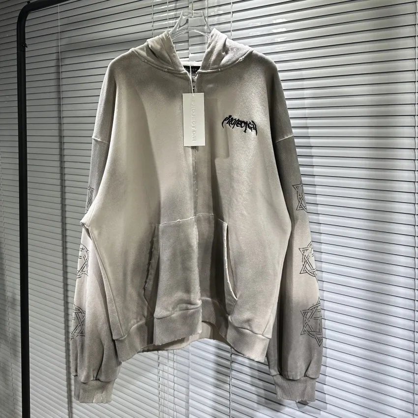

Oversized Winter Tie-dyed Perforated Zip Hoodie Men Women Vintage Damaged Pullover Embroidery Hooded Sweatshirt