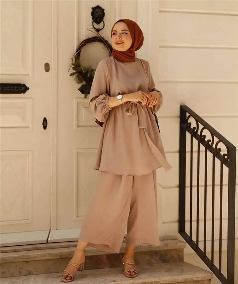 - Women's Autumn Shirt Set Bow Tie Belt Muslim Set Long Sleeve Turkish Shirt Pants Abaya Solid Islamic Clothing 2PCS Oversized