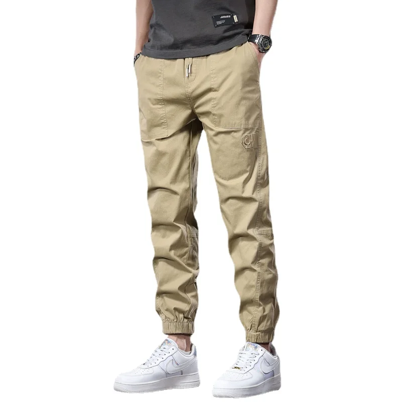 Summer Khaki Casual Pants Men Korean Style Cotton Slim Fit Elastic Waist Drawstring Joggers Trousers