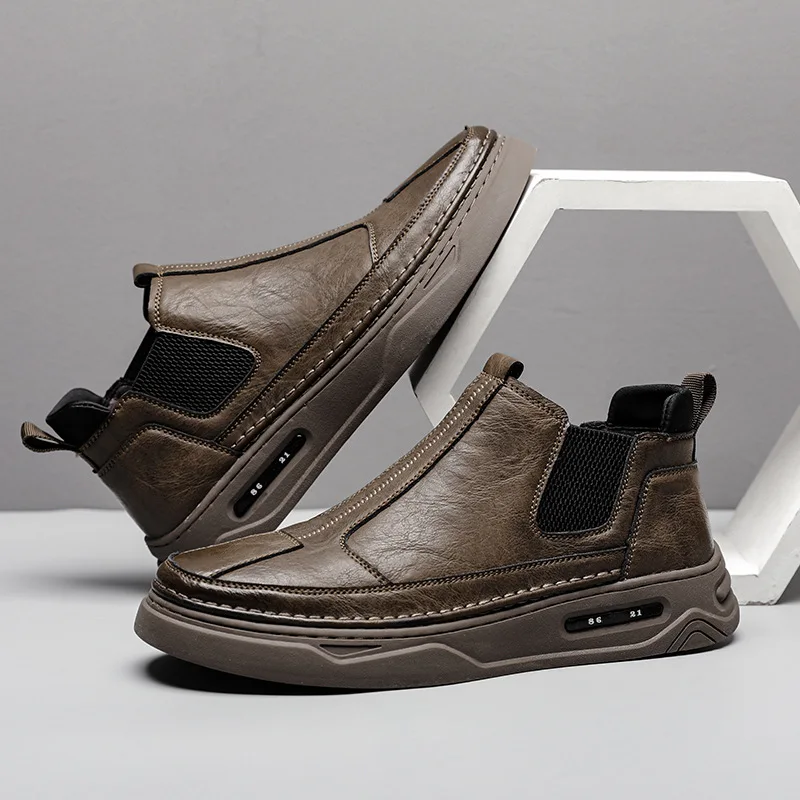 

Men's Leather Boots Antumn Winter British Casual Shoes Fashion Leather Ankle Boots Plush Medium Top Business Boots for Men