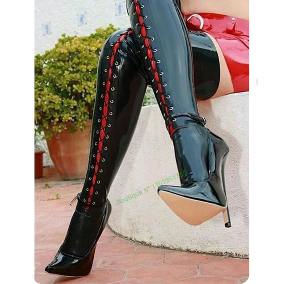 Black Thigh High Cross Tied Boots High Heel Shoes Women