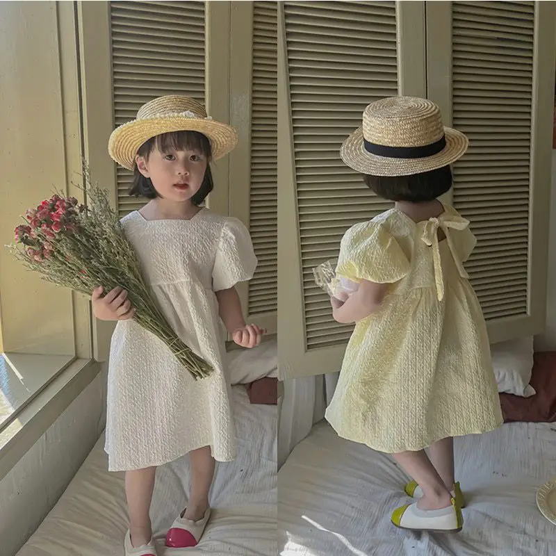 

Summer New Kids Elegant Party Clothing Baby Girl Princess Dress Korean Children’s Clothing Girl Puff Sleeve White Dresses