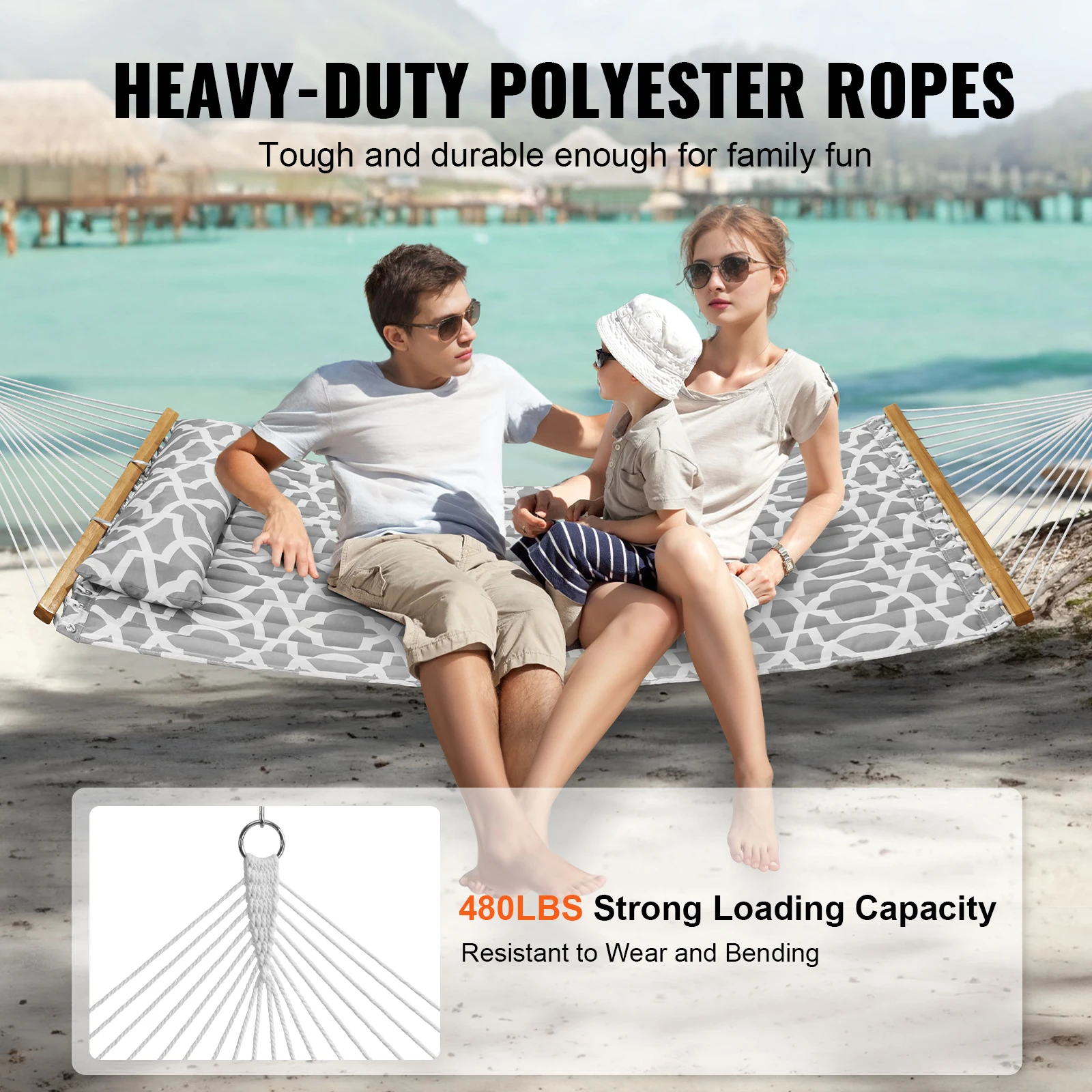 VEVOR Outdoor Hammock 12FT Double Hammock with with Detachable Pillow and Chains for Camping Outdoor Yard Beach 480lbs Capacity 3