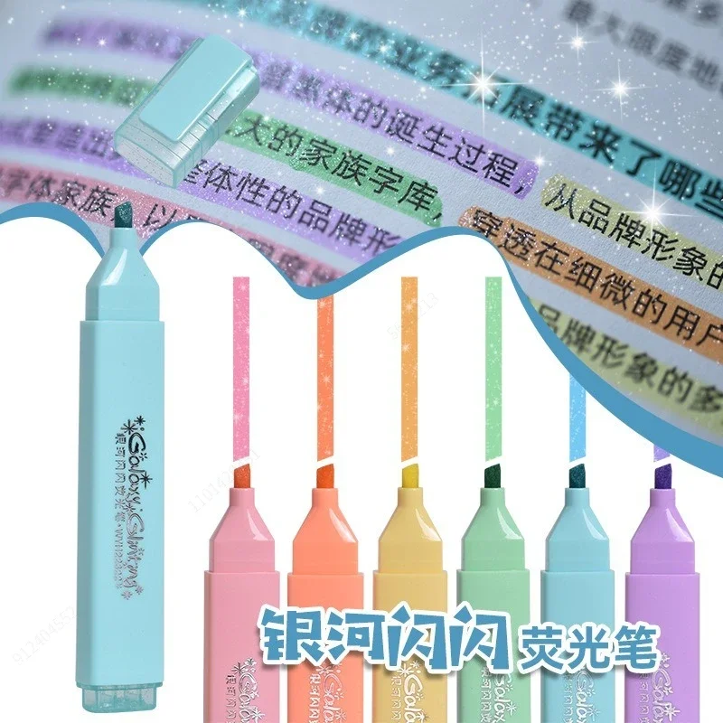 6 Colors/box Fine Glitter Highlighter Pen Set Fluorescent Markers Highlighters Pens Art Marker Japanese Cute Kawaii Stationery