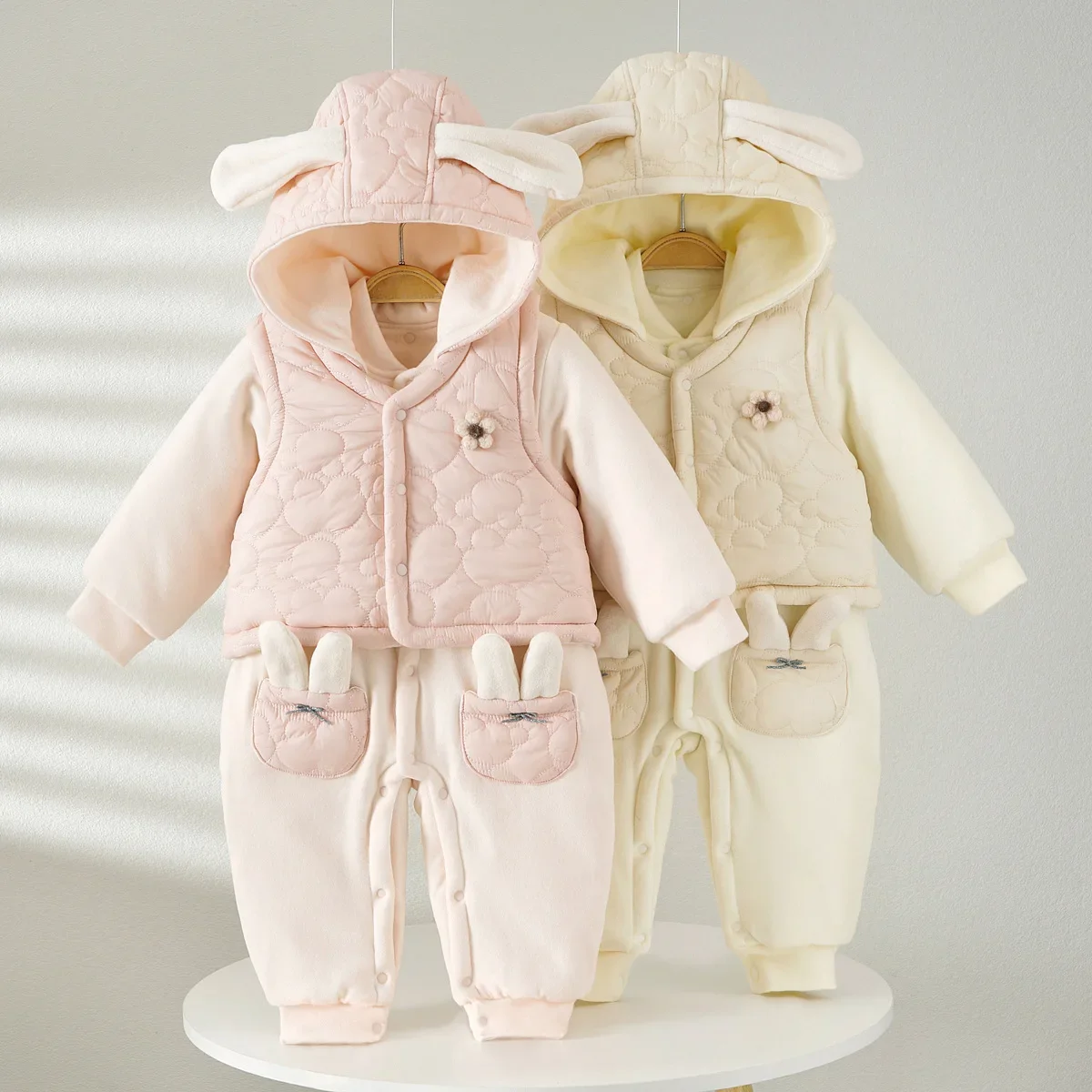 Baby down Cotton Thickened Vest Jumpsuit with Hat Winter Warm Clothes for 3-12 Months Old Girls Newborn Clothing