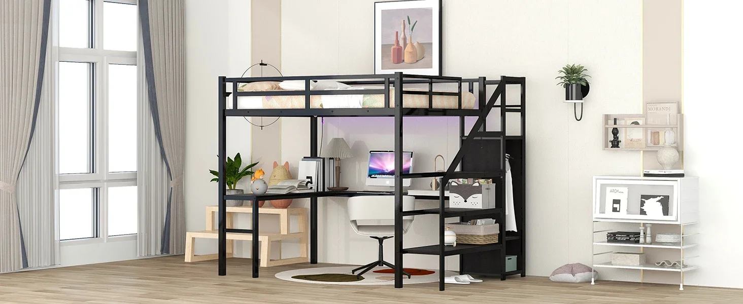 Full Size Loft Bed with Desk and Storage Stairs