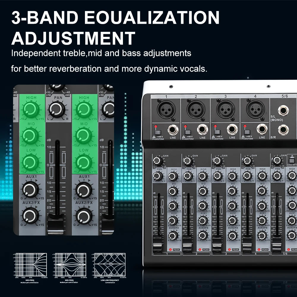 Audio Mixer LEUS MX6 Channel 99 DSP Effect Audio Mixer Record PC 48V Phantom Power USB Sound Mixers Bluetooth DJ Console Mixing for Karaok