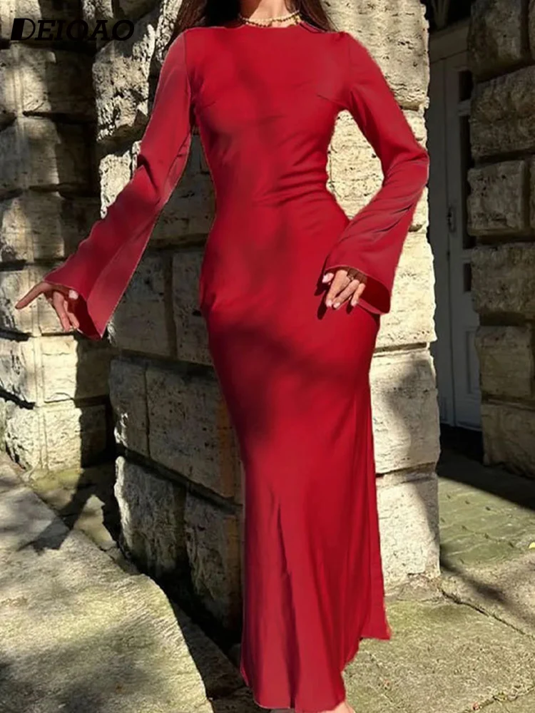 

Deioao Women's Dress Elegant Long Sleeve O-neck Satin Office Solid Color Slim Bodycon Non-see-through Casual Female Clothing