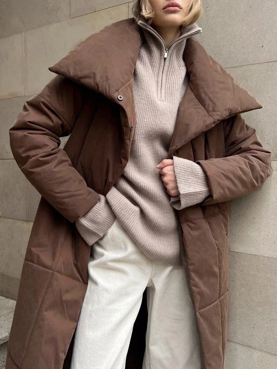 Winter Female Parkas Outwear Loose Lace-Up High Waist Long Sleeve Pocket Lapel Bandage Coat For Women Solid Parkas