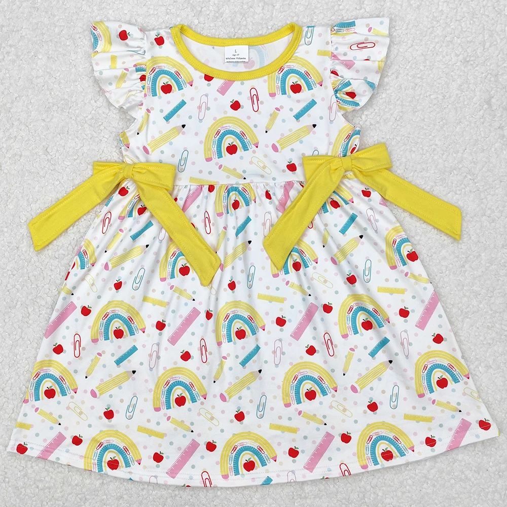 New Design Baby Girls Dress Apple Bows Back To School Knee Length Dresses Boutique Kids Children Clothing Girls Dress