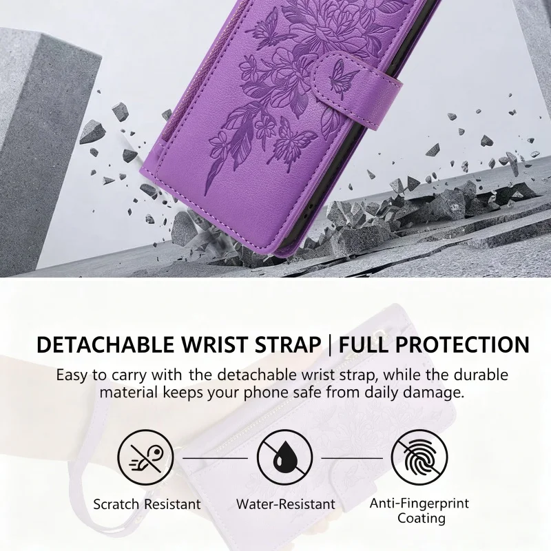 Luxury Leather Wallet Phone Case with Wrist Strap and Card Slots - Zipper Closure
