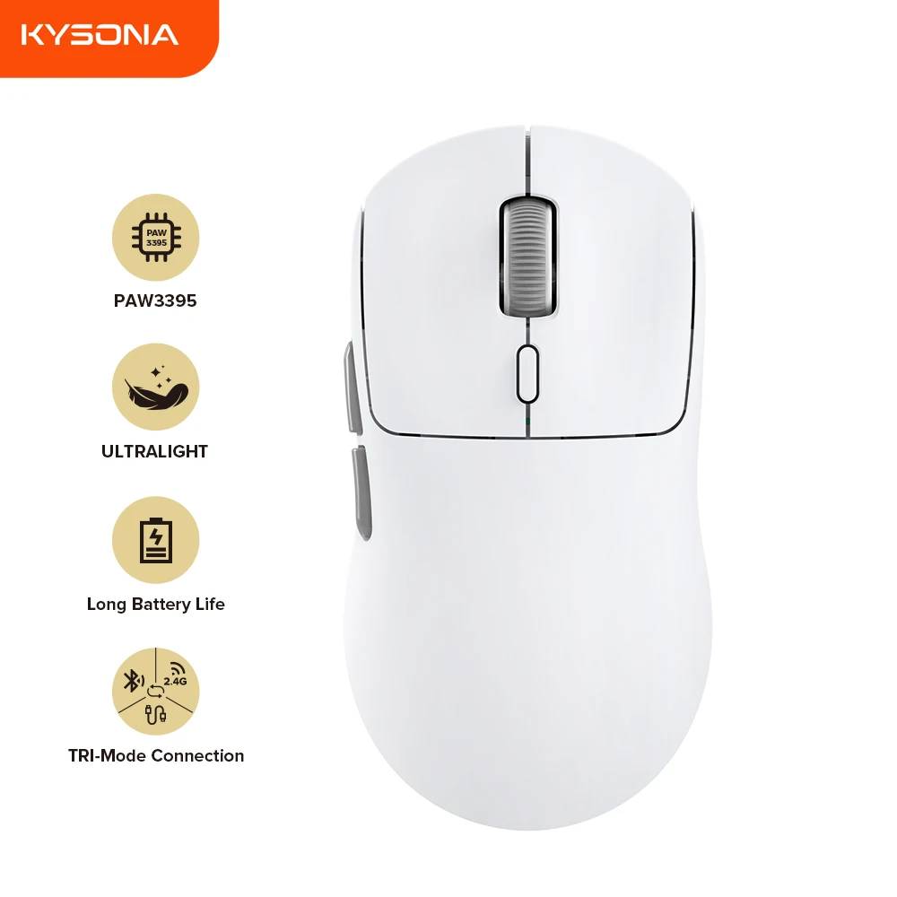 Wireless Gaming Mouse Kysona M600 V2 PAW3395 White 55g 26000DPI 6 Buttons Optical For Laptop PC