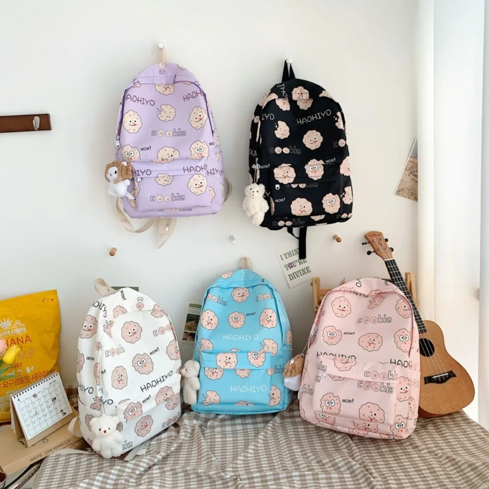 

Biscuit Print School Bag Cute Large Capacity High School Teenage Bookbag Cute Expression Nylon Shoulder Bag Girls