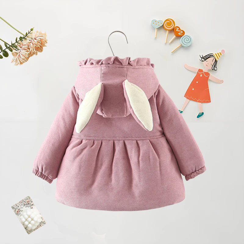 Baby Cotton Coat Winter Baby Girl Flower Decoration Filled Cotton Rabbit Ears Hooded Jacket Warm Clothes Coat