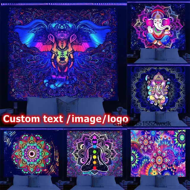 Tapisserie de lumière noire réactive UV personnalisée, décoration murale esthétique, trippy hippicopter, néon, décors de fête 2