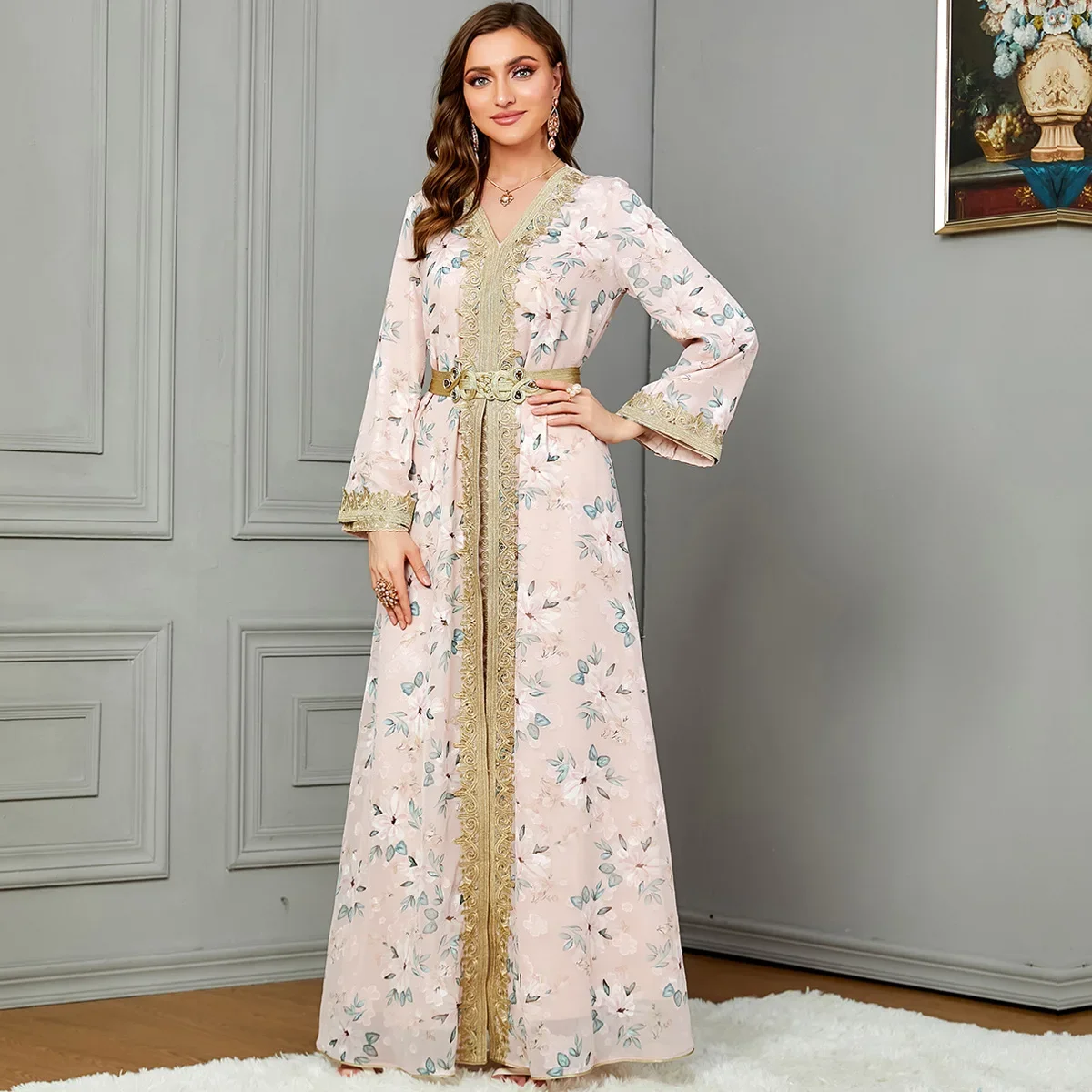 Autumn Winter Morocco Muslim Party Dress for Women Abaya 2 Piece Set Islamic Dresses Floral Print Kaftan Robe Vestidos Caftan