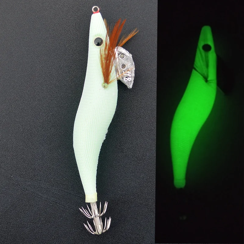 1PCS Leuchtende Tintenfisch Jigs Weiß Glow Holz Garnelen mit Octopus Tintenfisch Jig Haken Tintenfisch Angeln Locken Größe 2,5 # 3.0 # 3.5 # – Detail 1