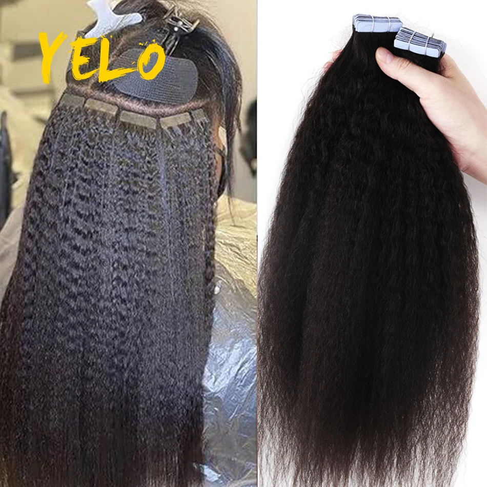 Kinky Straight Tape In Human Hair Extensions 100% Remy Hair Invisible Skin Weft Tape Ins Natural Color Yaki Straight for Women