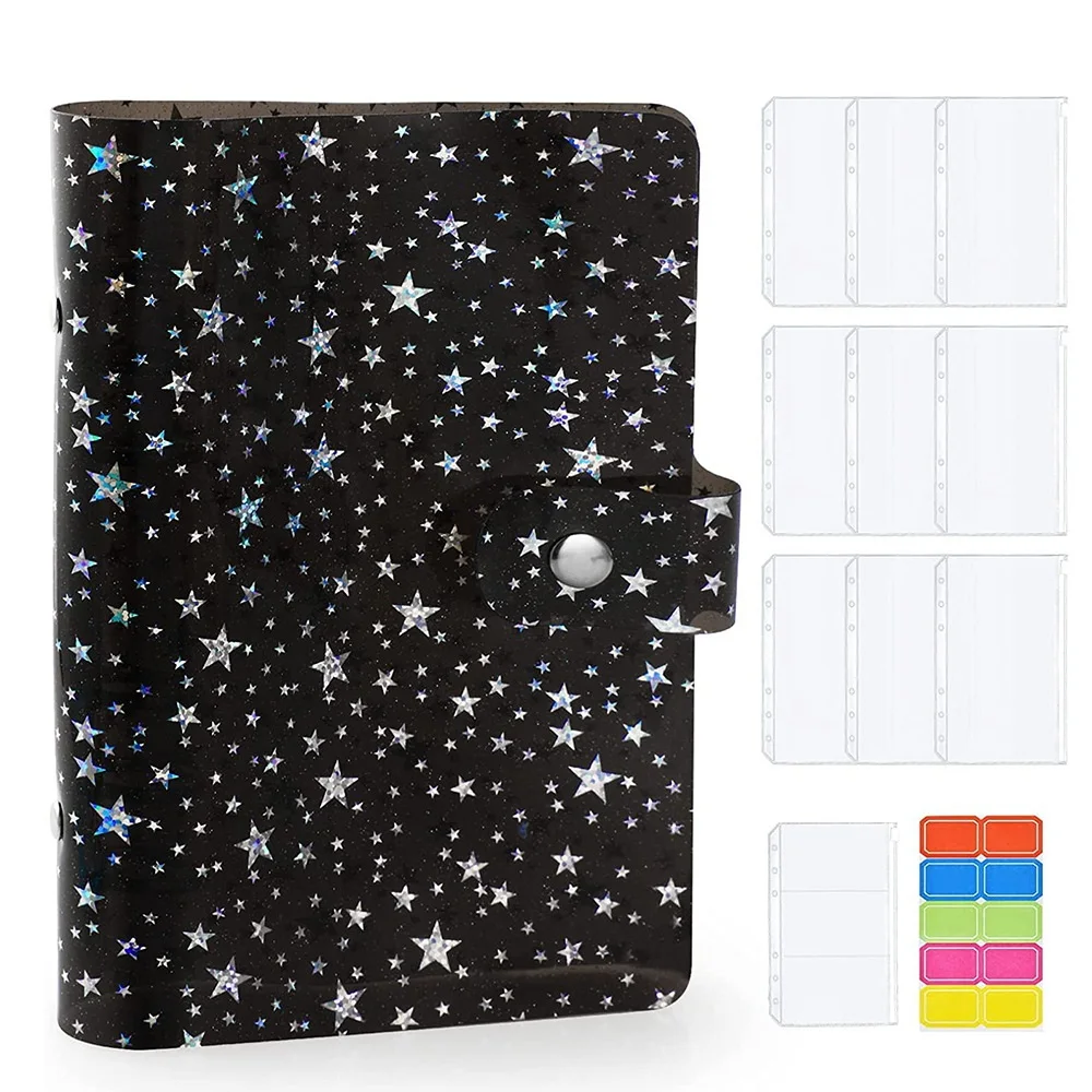 

11Pcs A6 Budget Binder PVC 6 Ring Refillable Binder Cover with 9 Binder Pockets/1 Binder Card / 1 Label (Black Stars)