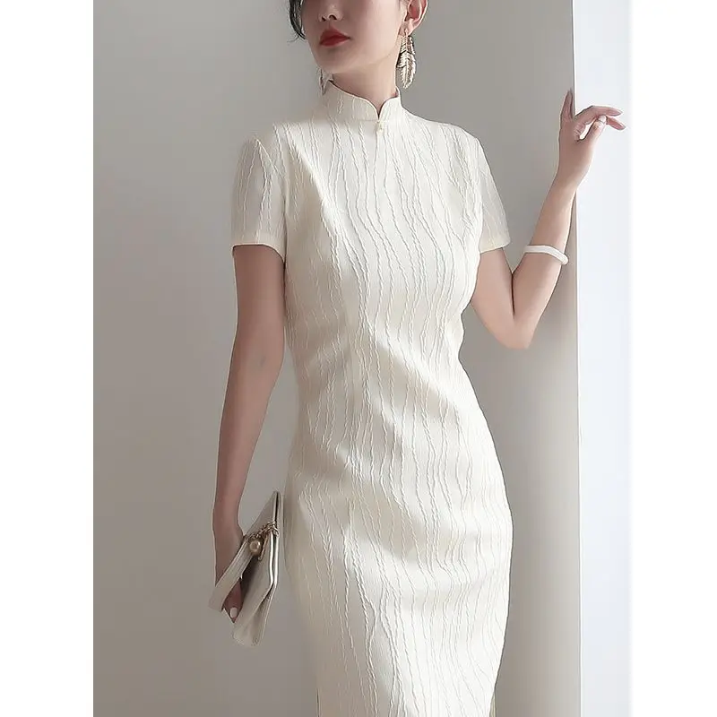 Chinese qipao dress vestidos elegant vintage cheongsam white OL cheongsam dress short sleeve modern qipao chinese dress