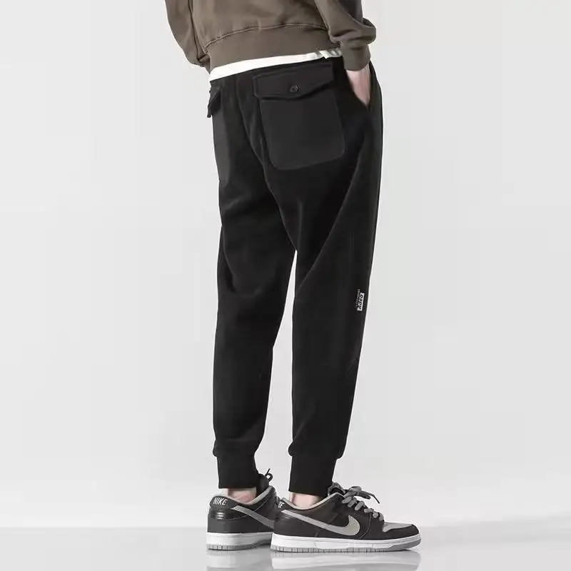 Spring New Corduroy Loose Casual Pants Men's Solid Patchwork Embroidery Letter Elastic Waist Drawstring Pocket Straight Trousers