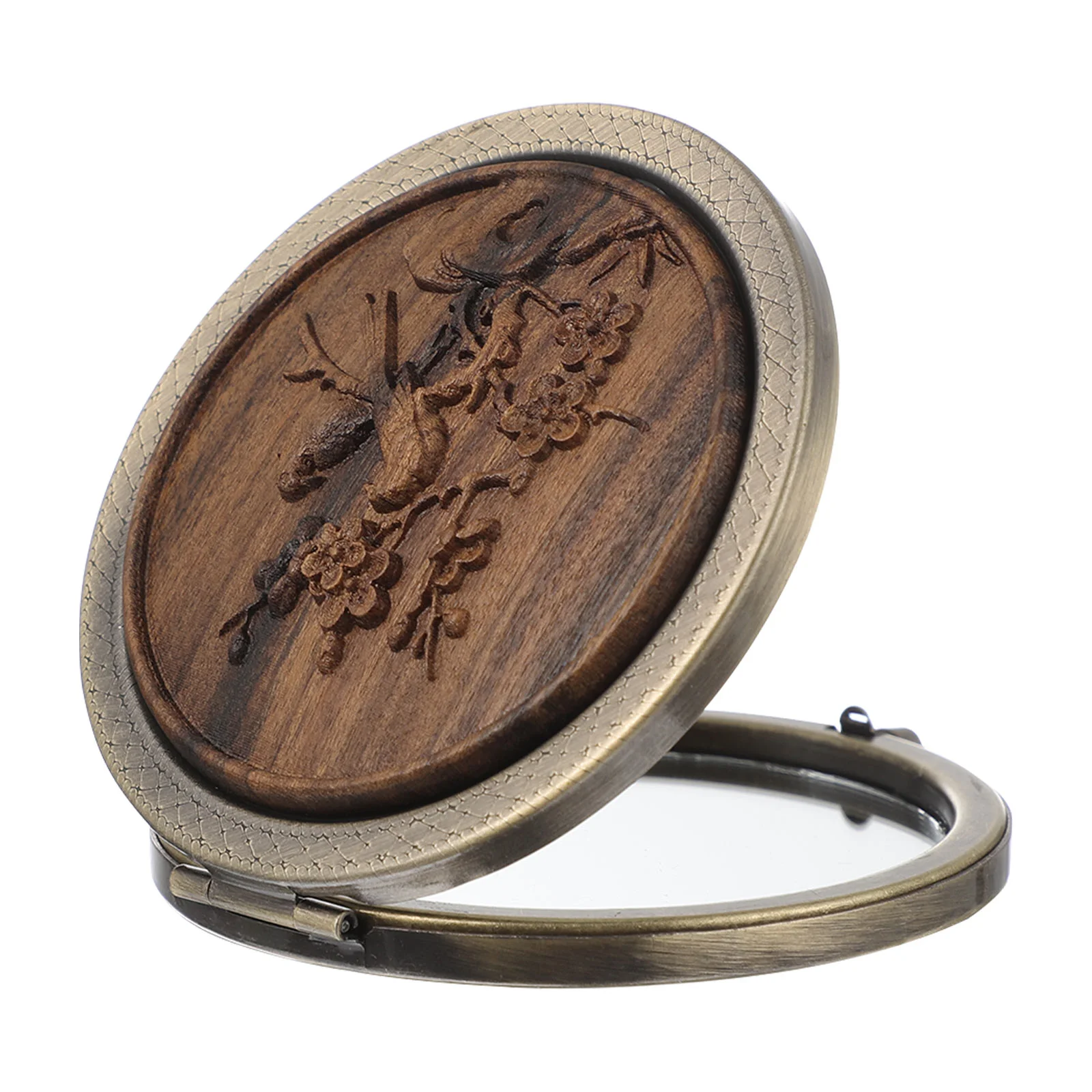 

Small Round Mirror Folding Makeup Purse Fine Travel Pocket Wooden Tool Purses