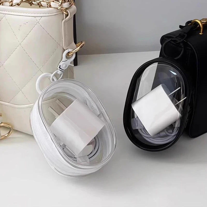 Black White Oval PVC Transparent Cosmetic Bag Organizer Doll Display Bag Portable Earphone Coin Data Cable Charger Storage Pouch storage bag