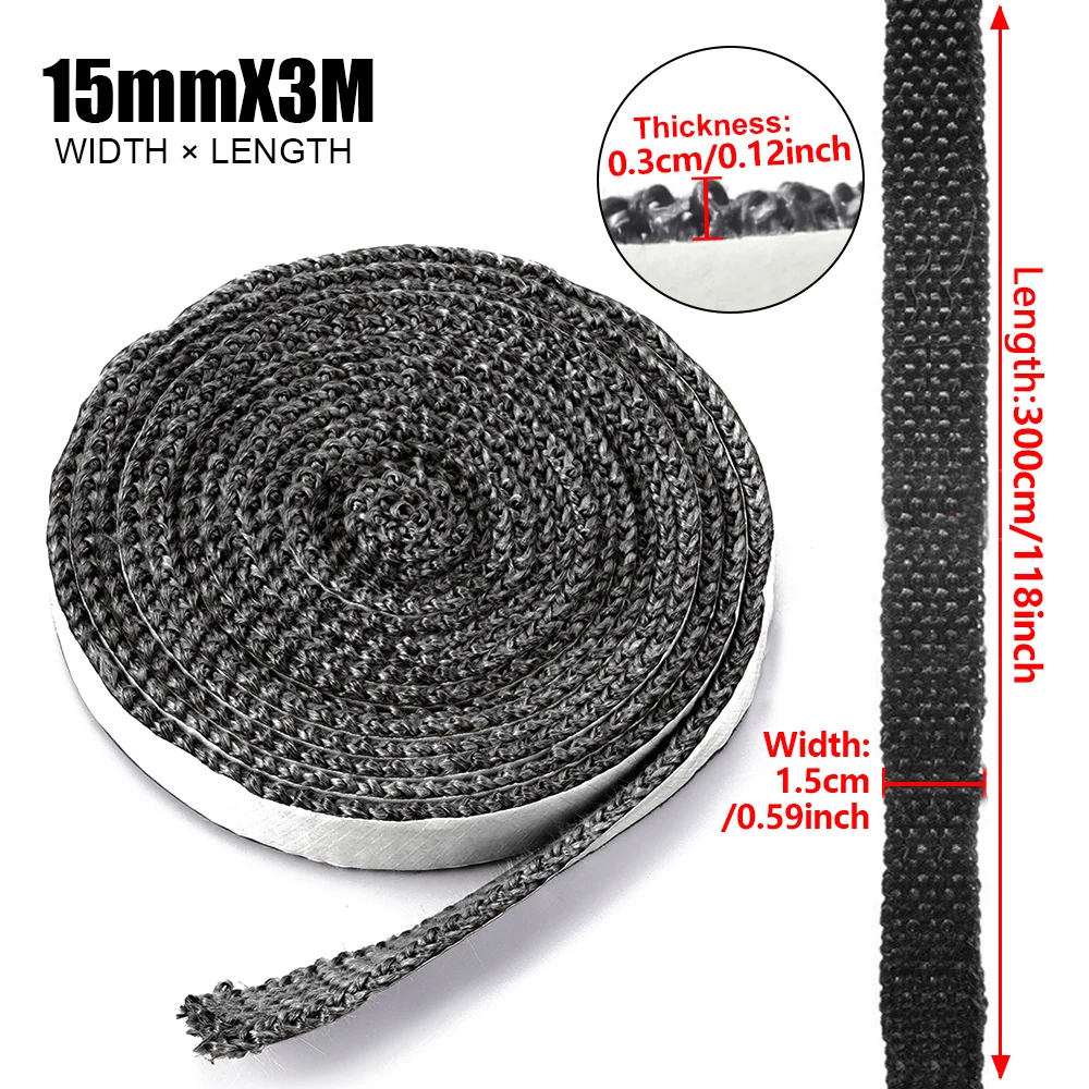 Fireplace Sealing Rope 10/15mm Wood Burning Stove Door Self-Adhesive Fiberglass Sealing Cord Replacement Black Gasket Tape