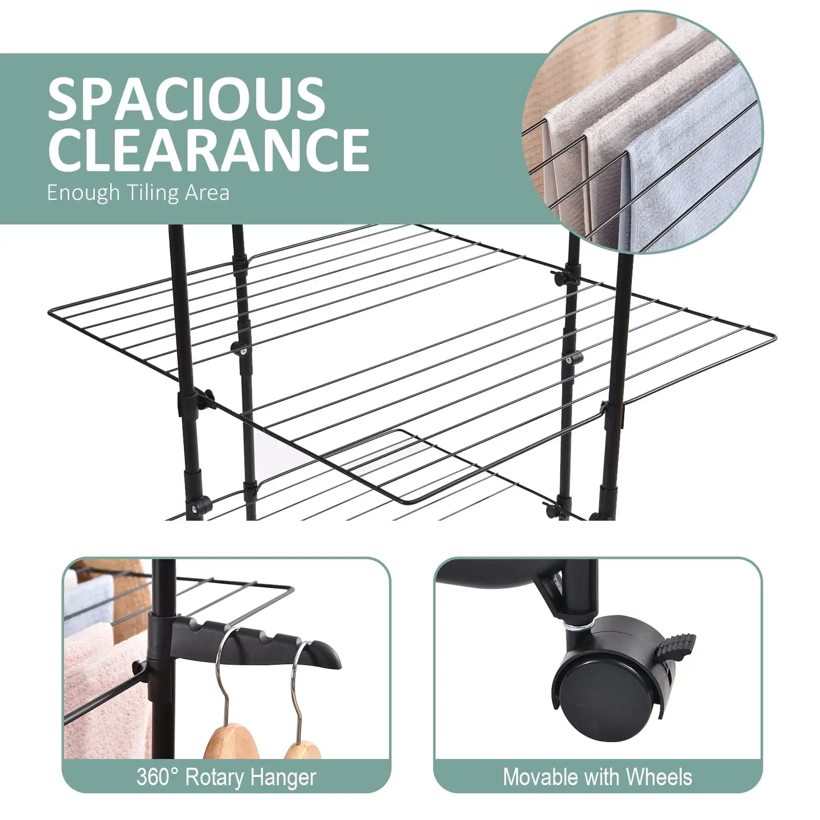 Clothes Drying Rack, 3-Tier Folding Indoor Laundry Drying Rack with Wheels 4 Hooks, Metal 3