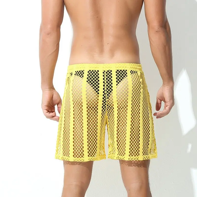 2023 Mesh Men's Middle Pants Youth Lace Up Stripe Hollow Five-point Straight Tube Casual Breathable Sports T-bow Fun Sexy Shorts