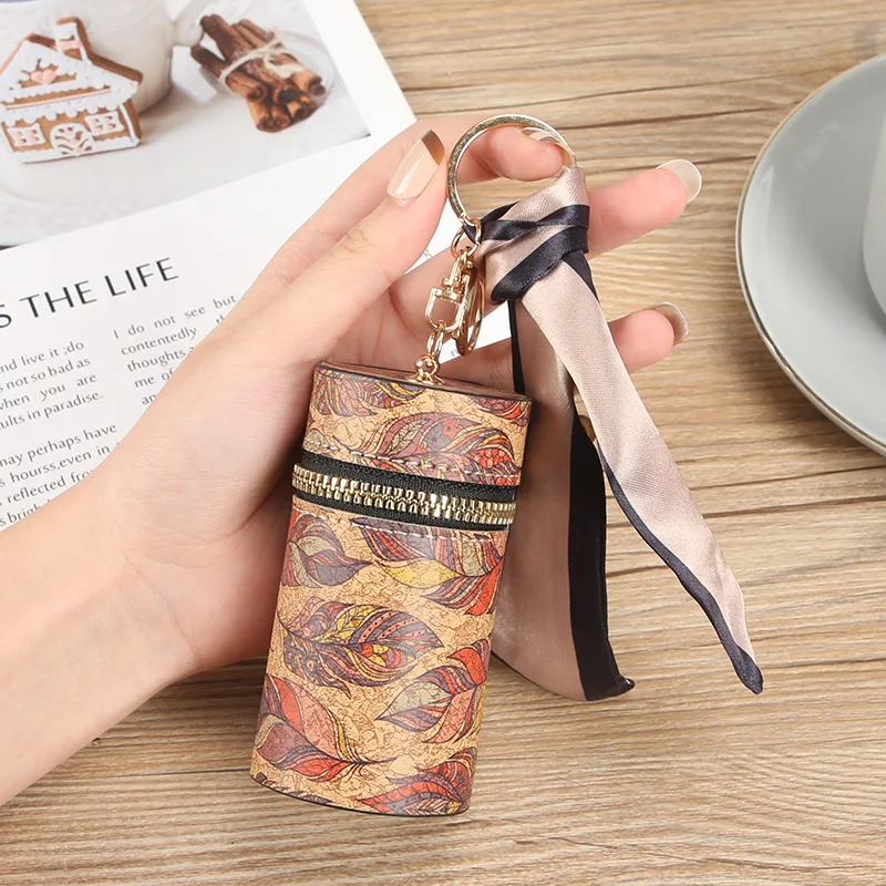 Leather wood grain mouth red envelope retro round bucket bag cute student portable multifunctional keychain for women