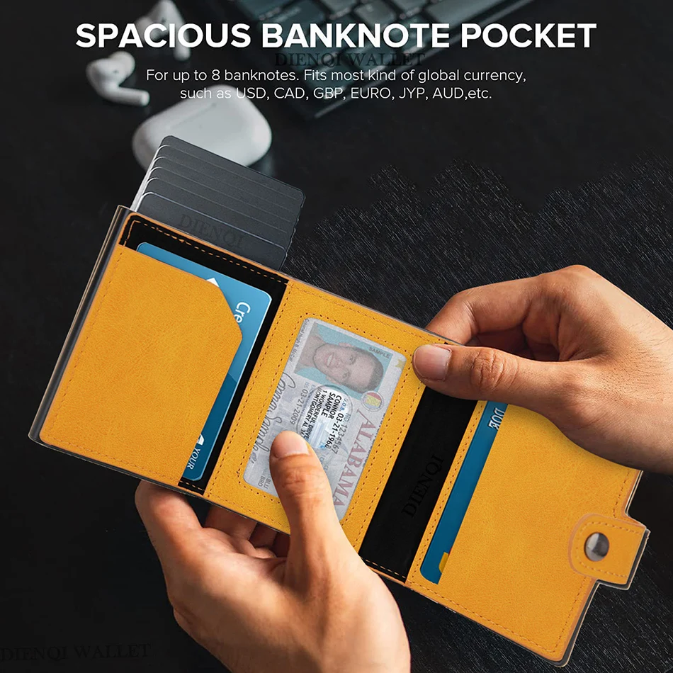 Porta Carte di Credito Uomo, Portafoglio AirTag Uomo Slim in Vera Pelle con Chiusura Magnetica, Portacarte Uomo Pop-Up Minimalista per 9-14 Tessere | Protezione RFID | Finestra ID | Slot per contanti