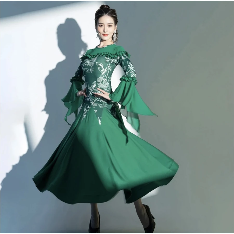 Green Black Bell Sleeve Ballroom Dance Performance Dress For Adult Women Female Expansion Skirts Tango Waltz Dress