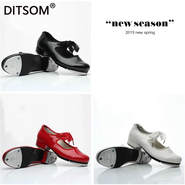 Girls Red White Patent Flexible Ribbon Tie Tap Shoes Comfort Security Step-Dancing For Children Beginner Tappers All Size 23-42