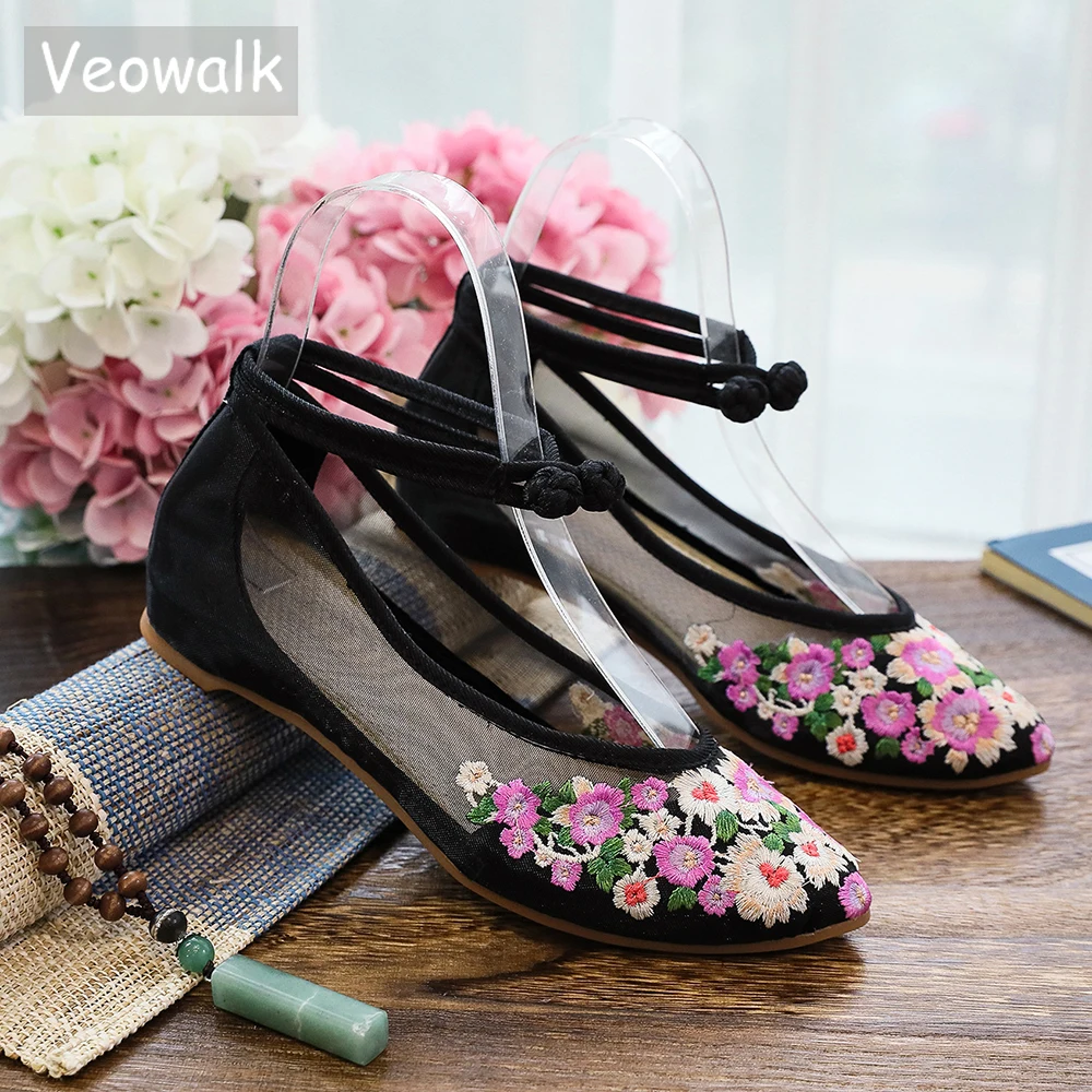 

Veowalk Flowers Embroidered Women See-Through Cotton Ballet Flats Breathable Ladies Pointed Toe Embroidery Ballerines Shoes
