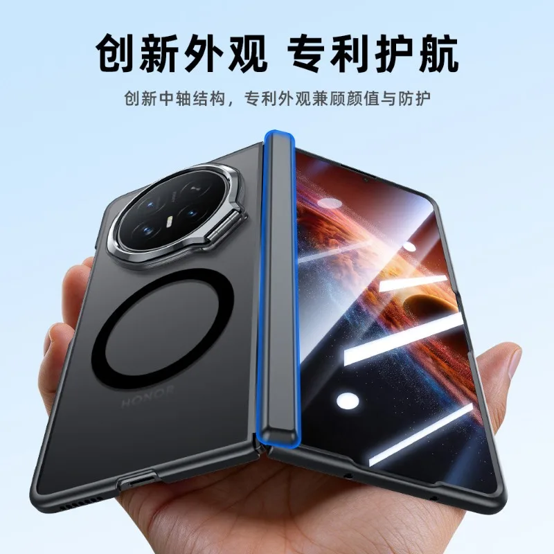 Magic V6 Magnetic Matte Transparent Case with Camera Holder and Central Hinge Protection, includes Tempered Glass Film