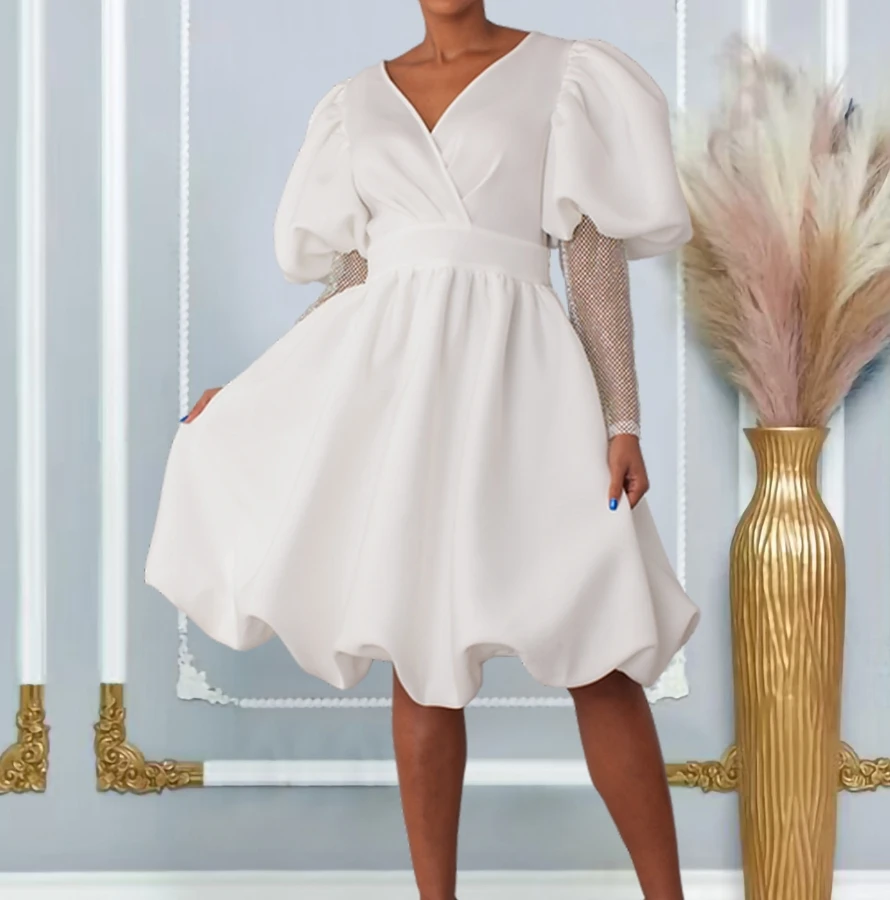 

European and American women's dress 2024 Spring/Summer new V-neck large swing bubble sleeve banquet dress bridesmaid dress