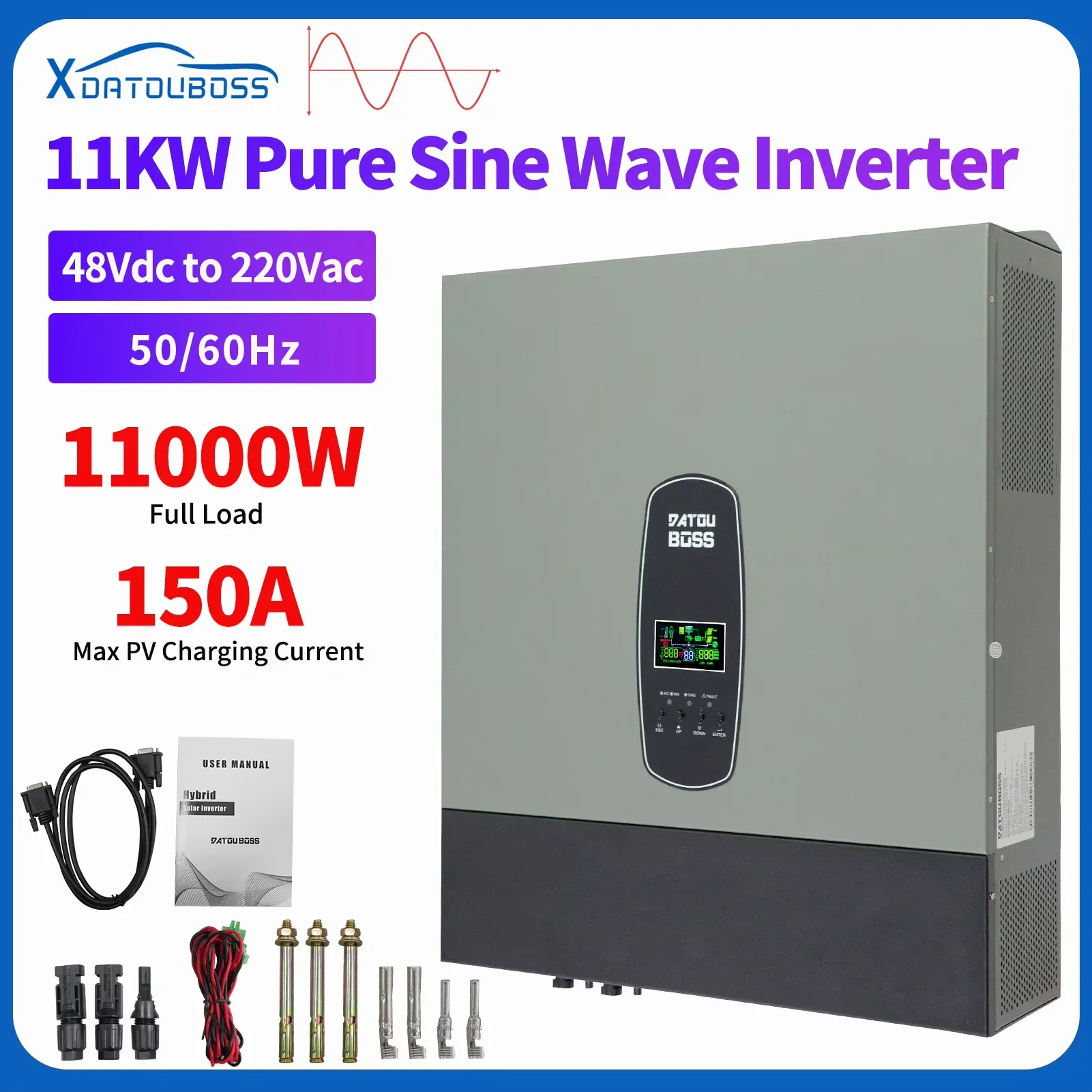 อินเวอร์เตอร์ไฮบริด DATOU BOSS 11kw 48V แบบเชื่อมต่อระบบไฟฟ้าและแบบออฟกริด 220V พร้อมเครื่องชาร์จพลังงานแสงอาทิตย์ MPPT 160A ในตัว รองรับการเชื่อมต่อแผงโซลาร์เซลล์คู่ 1