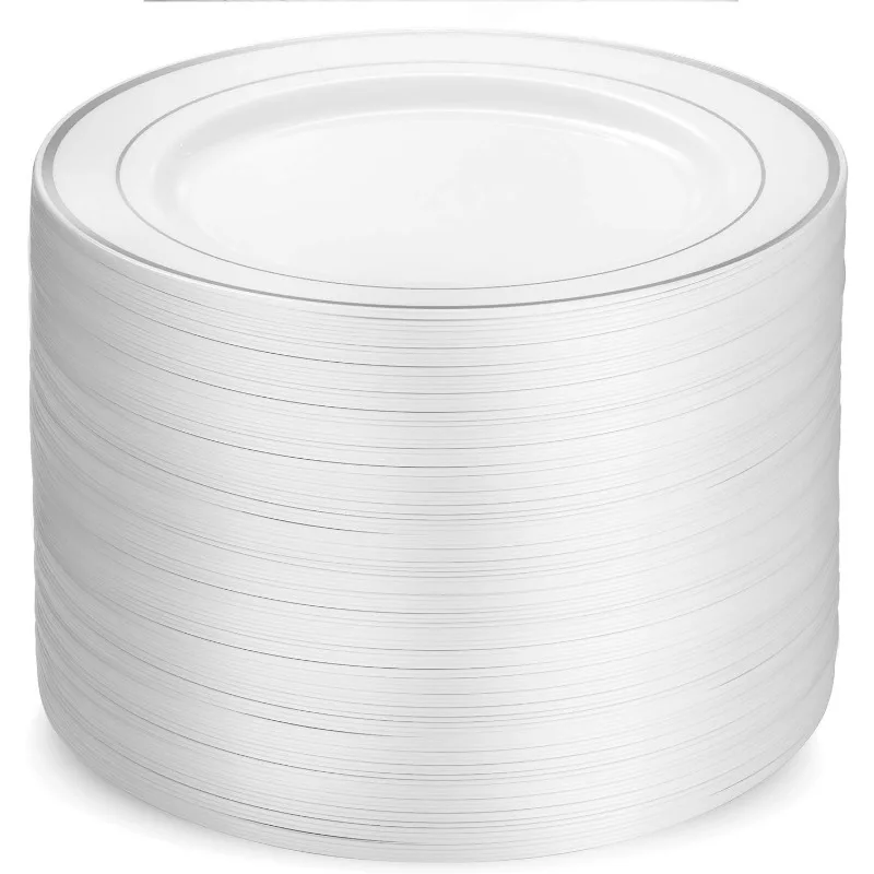 Plastic Party Plates White Silver Rim Premium Heavy Duty 10.25 Inch Dinner Plates Elegant Fancy Heavy Duty Disposable Party Tableware