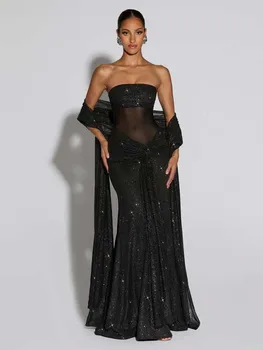 Townlike Slim Bodycon A-line Maxi Long Dress Women 2025 Summer Dress Ribbon Sparkle Glitter Nightclub Sexy Party Dresses