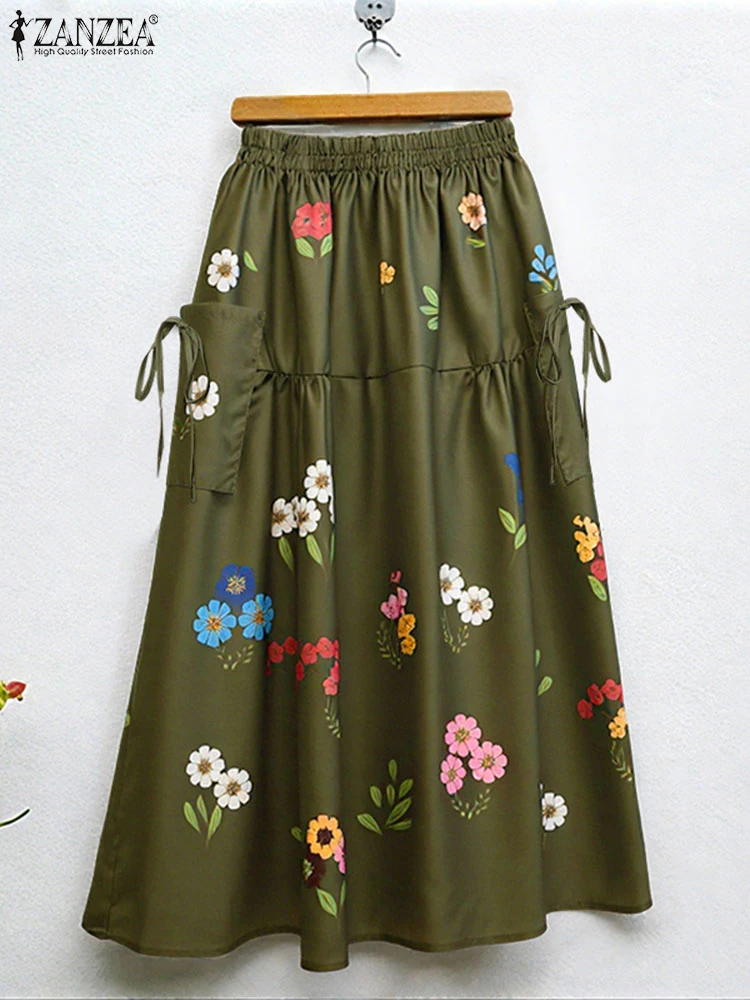 Polyester Floral Print Maxi Skirt for Women Autumn Casual